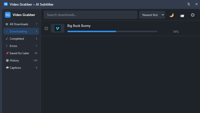Video Grabber dashboard showing downloads, completed, saved, and captions views